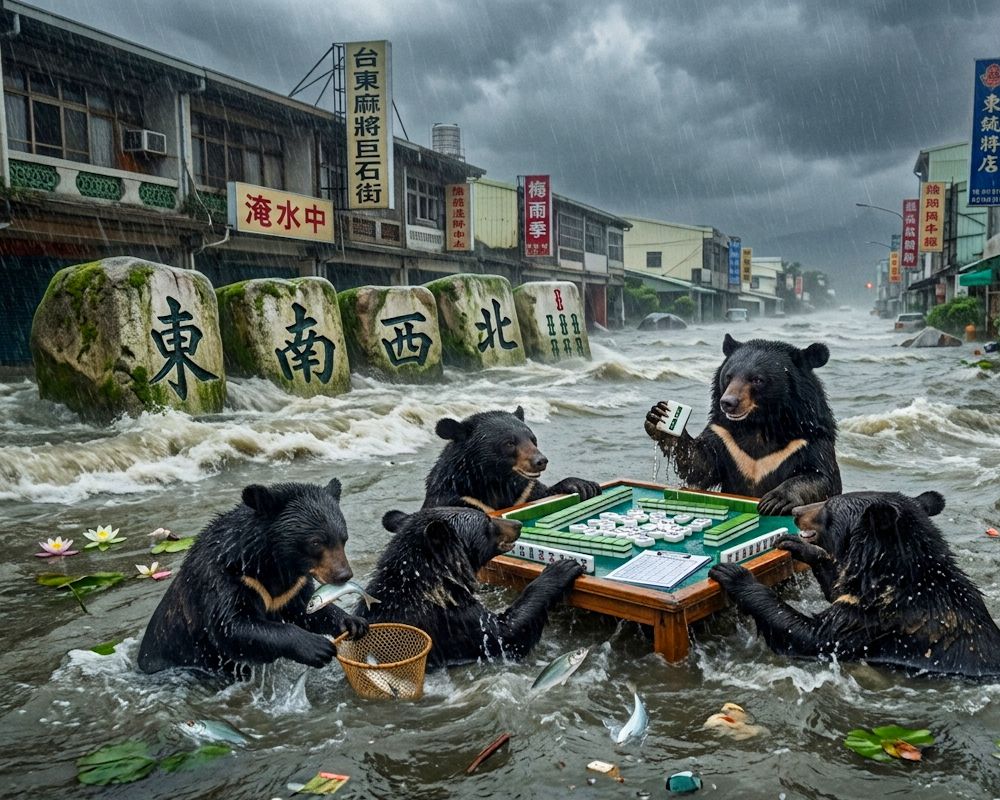 台東梅雨季限定地獄級麻將大賽,台東梅雨季秒變水上水上樂園,淹水高度直逼胸口的台東狂暴雨彈,梅雨季最強檔之黑熊與麻將的奇幻漂流,東風與發財之間的世紀水上對決,台灣熊愛打麻將,台灣黑熊打麻將,台東大淹水直接變成威尼斯,台灣梅雨季揪團打麻將,大風大浪擋不住黑熊的麻將魂