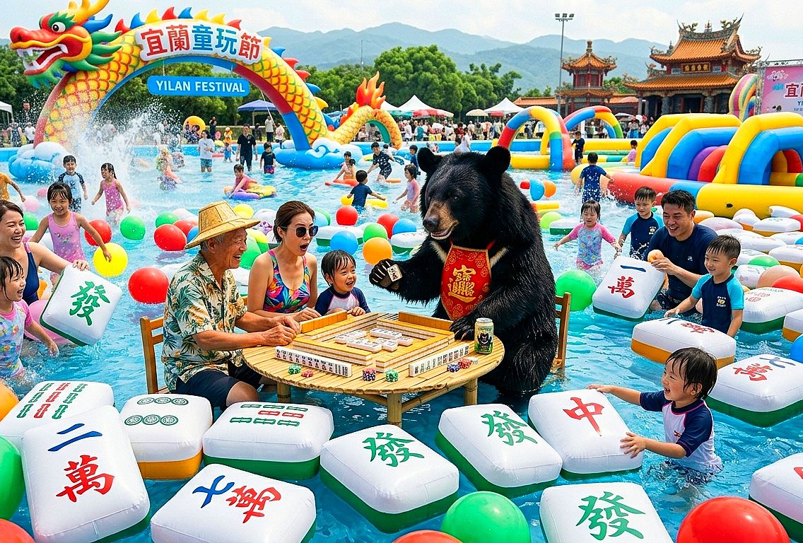 台灣黑熊,台灣熊愛打麻將,台灣黑熊打麻將,熊掌摸牌,國寶熊界雀聖,冬山河親水公園打牌,熊界傳奇,宜蘭冬山河黑熊出沒,宜蘭童玩節開桌打麻將,童玩節水上搓麻將