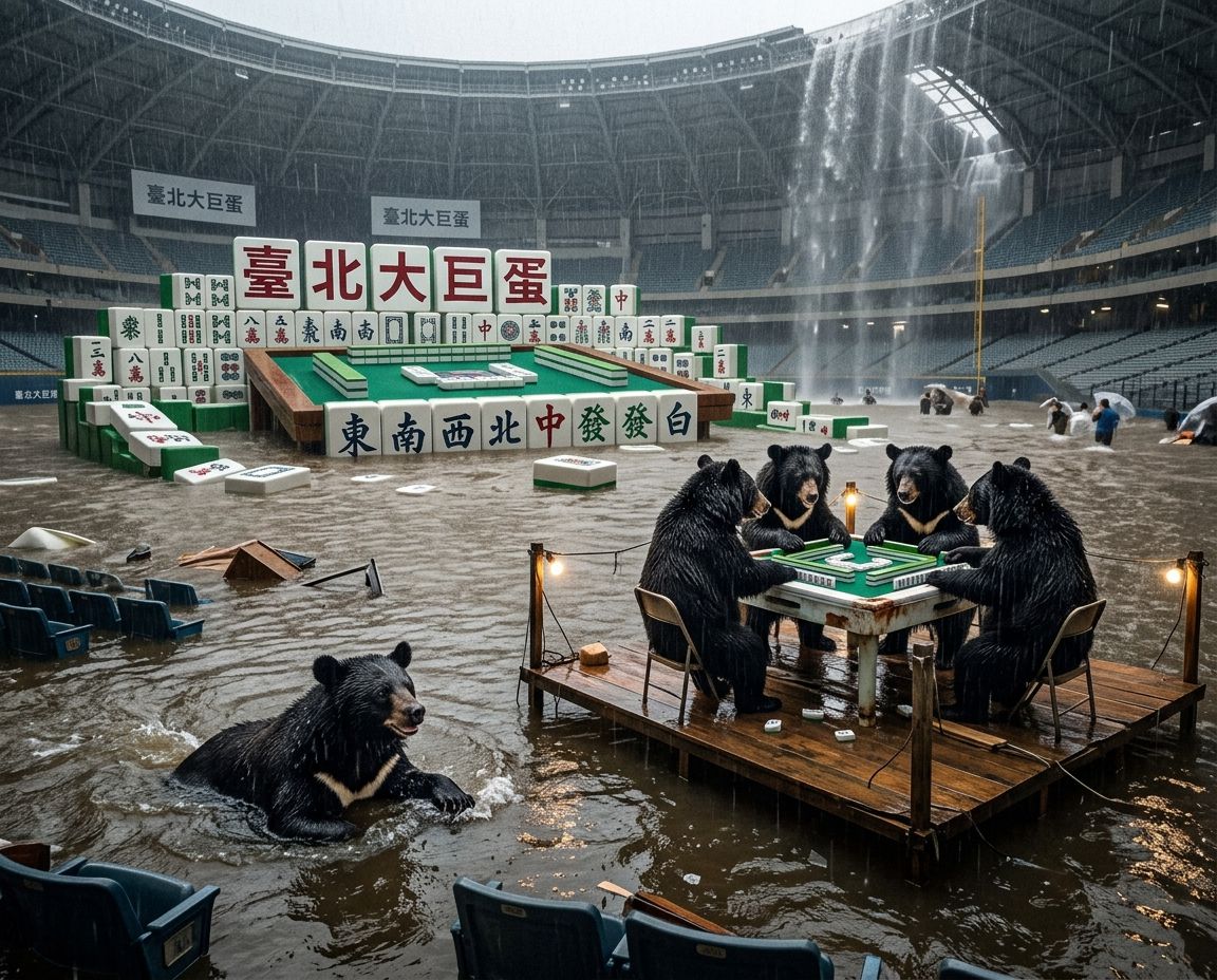 台北大巨蛋限定版水上麻將,梅雨季淹水不忘自摸,台北大巨蛋變身東方威尼斯麻將局,台灣熊愛打麻將,台灣黑熊打麻將,水上移動式麻將館,台灣大淹水直接變成威尼斯,台灣黑熊水上樂園搓麻將,梅雨季限定水上麻將爭霸戰,打麻將比水上樂園還好玩,高雄淹水變成了水上牌局