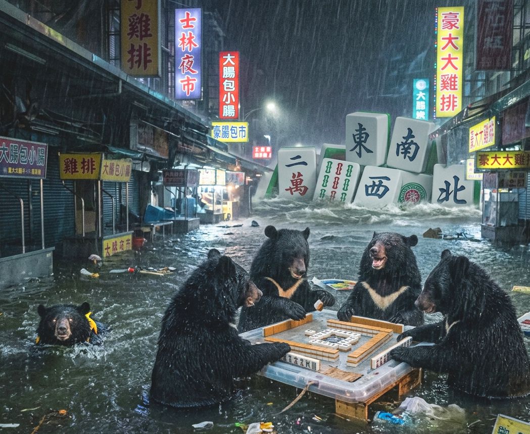 颱風天就是要打牌,士林夜市威尼斯,士林水上樂園,台灣熊愛打麻將,台灣黑熊打麻將,士林揪團打牌,台灣黑熊水上樂園搓麻將,士林限定水上麻將爭霸戰,打麻將比水上樂園還好玩,士林大淹水直接變成威尼斯