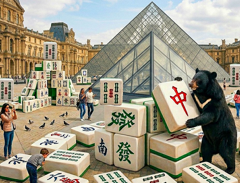台灣黑熊,台灣熊愛打麻將,台灣黑熊打麻將,熊掌摸牌,巴黎國寶熊界雀聖,羅浮宮金字塔大洗牌,法國羅浮宮熊界傳奇,羅浮宮麻將裝置藝術節