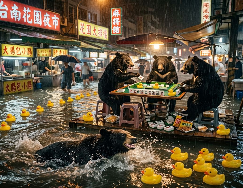 梅雨季颱風一起來,台南花園夜市水上樂園,台南花園夜市大淹水,強颱來襲照樣胡,全台停班停課打牌,颱風天就是要打牌,台南花園夜市威尼斯,台灣熊愛打麻將,台灣黑熊打麻將,台南花園夜市揪團打牌,台灣黑熊水上樂園搓麻將,打麻將比水上樂園還好玩,台南花園夜市大淹水直接變成威尼斯
