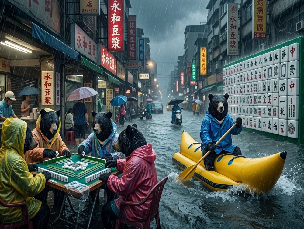 永和豆漿水上樂園,台北市區一秒變威尼斯,香蕉船外送中,黑熊開桌湊四咖,颱風天就是要打麻將,台灣熊愛麻將,台灣黑熊在暴雨中挑戰大滿貫,水上麻將大賽,台灣熊愛打麻將,台灣黑熊打麻將,大淹水直接變成威尼斯,台灣黑熊水上樂園搓麻將