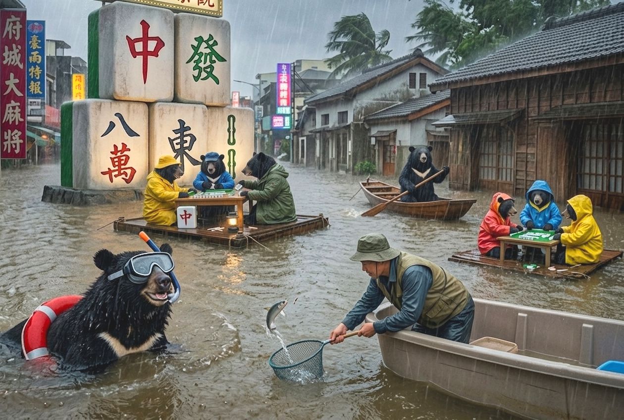 台南颱風淹水奇觀,台南變身東方威尼斯麻將局,台灣熊愛打麻將,台灣黑熊打麻將,水上移動式麻將館,台南大淹水直接變成威尼斯,台灣黑熊水上樂園搓麻將,台南限定水上麻將爭霸戰,打麻將比水上樂園還好玩,台南水上麻將開打