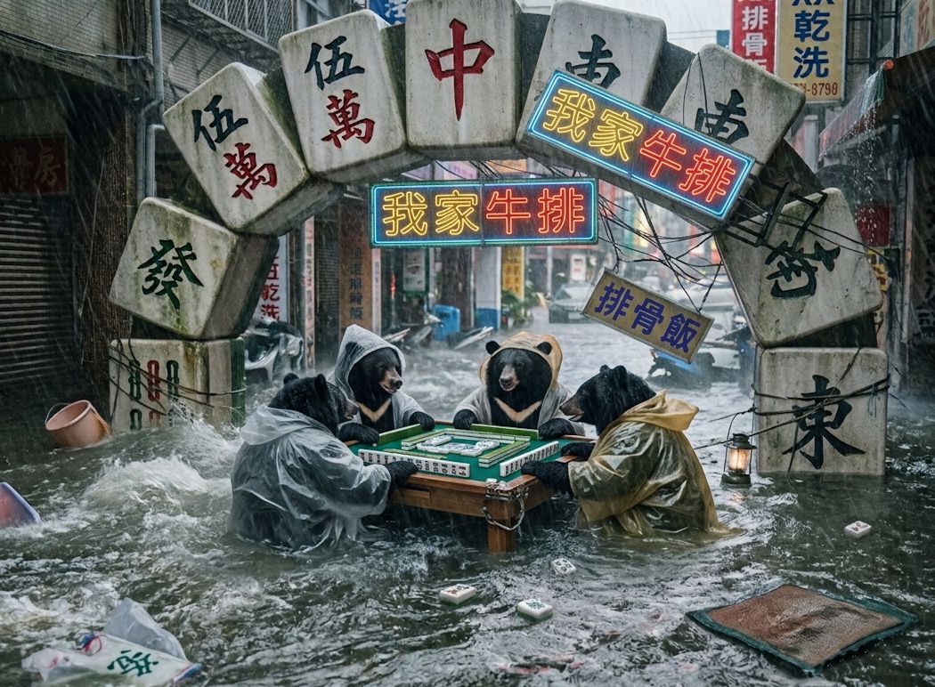 強颱限定版水上麻將,強颱淹水不忘自摸,東方威尼斯麻將局,台灣熊愛打麻將,台灣黑熊打麻將,水上移動式麻將館,台灣大淹水直接變成威尼斯,台灣黑熊水上樂園搓麻將,打麻將比水上樂園還好玩