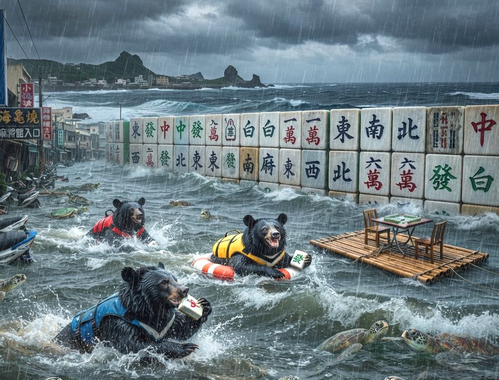 小琉球史詩級水中麻將賽,海龜集體圍觀,颱風天出門打牌的最高境界,風雨越大牌打越大的賭神,地表最強防颱準備原來是湊齊四咖,台灣熊愛打麻將,台灣黑熊打麻將,水上移動式麻將館,台灣大淹水直接變成威尼斯,台灣黑熊水上樂園搓麻將,打麻將比水上樂園還好玩