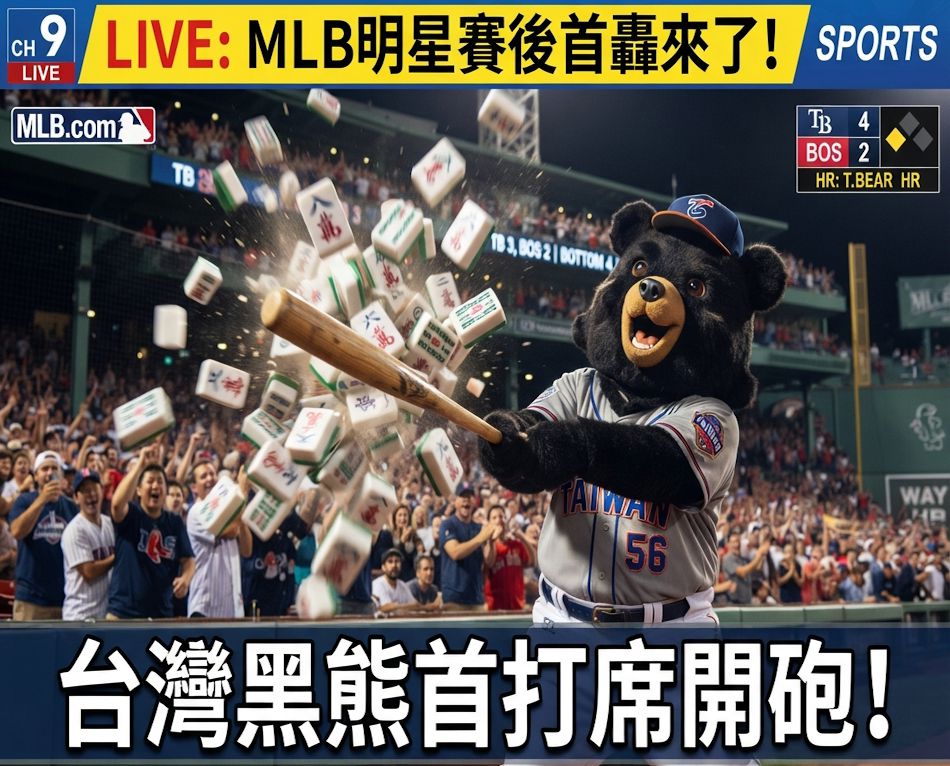 台灣熊愛打麻將,台灣黑熊打麻將,台灣黑熊首打席開砲,全壘打兼胡牌,台灣黑熊明星賽後首轟,台灣黑熊大聯盟初登場,台灣黑熊MLB,讓整個大聯盟陷入瘋狂的台灣之光,台灣之光明星賽,台灣黑熊炸裂MLB大聯盟,發財東南西北滿天飛,滿貫自摸全壘打,三振出局變胡牌