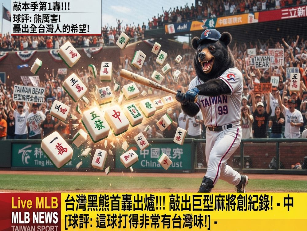台灣熊愛打麻將,台灣黑熊打麻將,台灣黑熊首打席開砲,全壘打兼胡牌,台灣黑熊明星賽後首轟,台灣黑熊大聯盟初登場,台灣黑熊MLB,讓整個大聯盟陷入瘋狂的台灣之光,台灣之光明星賽,台灣黑熊炸裂MLB大聯盟,發財東南西北滿天飛,滿貫自摸全壘打,三振出局變胡牌