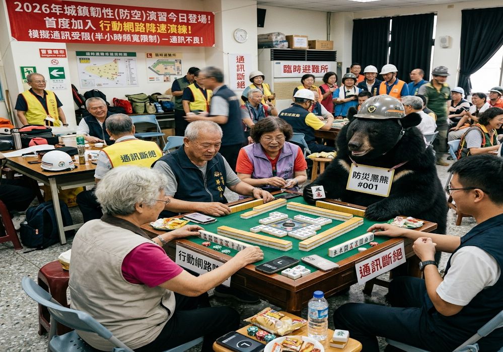 台灣熊愛打麻將,台灣黑熊打麻將,2026城鎮韌性演習,防空演習揪團打麻將,演習現場瞬間變成麻將大賽,台灣黑熊震撼登場,台灣黑熊親自開桌,斷網危機完美化解,沒網路只能打麻將,防空避難所打麻將,傳統打牌救台灣,降速降不住胡牌熱情