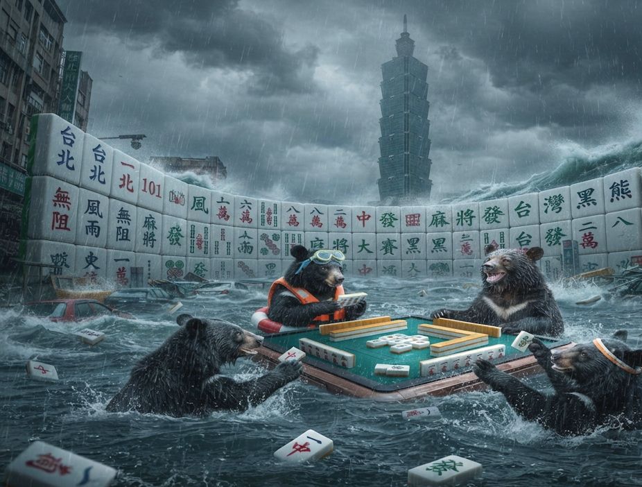 黑熊無視颱風天堅持摸牌湊一桌,水深過腰大浪拍打著發財,台灣黑熊水上漂浮麻將桌大賽,台灣熊愛打麻將,台灣黑熊打麻將,全台濕透淹大水腳泡水裡冷靜摸一把,碰牌胡牌大三元,台灣黑熊圍觀湊一桌,聽牌摸牌洗牌打麻將,避難不如先打麻將,狂風暴雨中摸兩把,台北101汪洋大海巨浪滔天