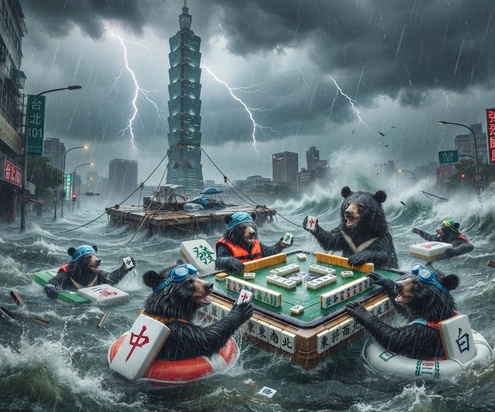 黑熊無視颱風天堅持摸牌湊一桌,水深過腰大浪拍打著發財,台灣黑熊水上漂浮麻將桌大賽,台灣熊愛打麻將,台灣黑熊打麻將,全台濕透淹大水腳泡水裡冷靜摸一把,碰牌胡牌大三元,台灣黑熊圍觀湊一桌,聽牌摸牌洗牌打麻將,避難不如先打麻將,狂風暴雨中摸兩把,台北101汪洋大海巨浪滔天