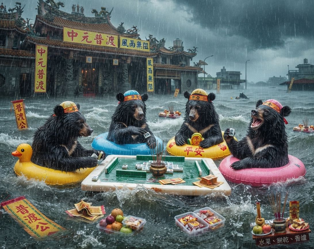 黑熊無視颱風天堅持摸牌湊一桌,台灣黑熊中元普渡淹大水奇觀,水深過腰大浪拍打著發財,台灣黑熊風雨無阻中元普渡,台灣黑熊水上漂浮麻將桌大賽,台灣熊愛打麻將,台灣黑熊打麻將,碰牌胡牌大三元,台灣黑熊圍觀湊一桌,聽牌摸牌洗牌打麻將,漂浮麻將桌插著香爐供奉好兄弟,台灣黑熊神級防颱兼普渡無厘頭大作戰