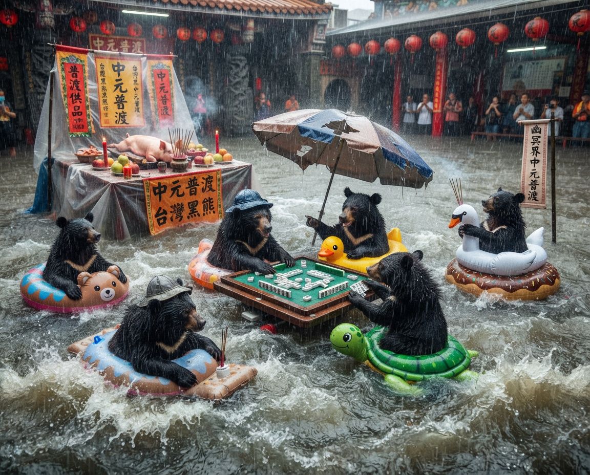 黑熊無視颱風天堅持摸牌湊一桌,一邊拿香拜拜一邊自摸南風,台灣黑熊風雨無阻中元普渡,台灣黑熊中元普渡淹大水奇觀,好兄弟還沒來台灣黑熊先開局,台灣熊愛打麻將,台灣黑熊打麻將,碰牌胡牌大三元,台灣黑熊圍觀湊一桌,聽牌摸牌洗牌打麻將,漂浮麻將桌插著香爐供奉好兄弟,台灣黑熊神級防颱兼普渡無厘頭大作戰
