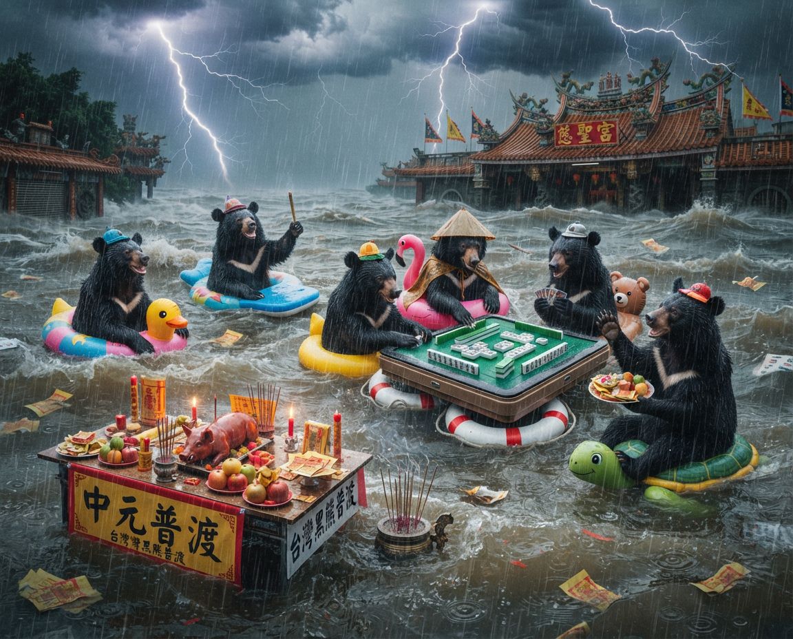 台灣黑熊中元普渡淹水大暴雨,一邊拿香拜拜一邊自摸南風,閃電打雷下雨還在水中激戰,台灣黑熊風雨無阻中元普渡,台灣黑熊中元普渡淹大水奇觀,好兄弟還沒來台灣黑熊先開局,台灣熊愛打麻將,台灣黑熊打麻將,碰牌胡牌大三元,台灣黑熊圍觀湊一桌,聽牌摸牌洗牌打麻將,閃電打雷下雨還在水中激戰,台灣黑熊神級防颱兼普渡無厘頭大作戰