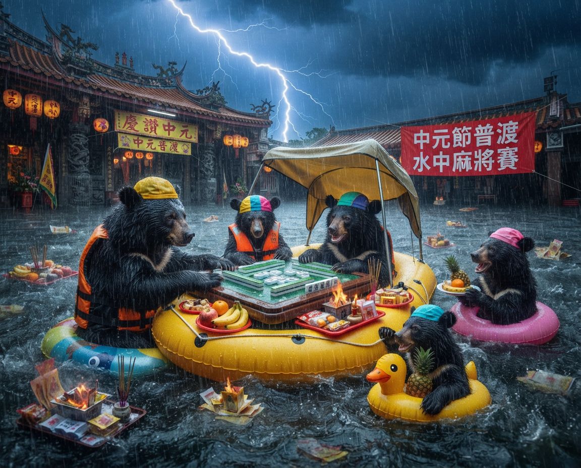 台灣黑熊中元普渡淹水大暴雨,一邊拿香拜拜一邊自摸南風,閃電打雷下雨還在水中激戰,台灣黑熊風雨無阻中元普渡,台灣黑熊中元普渡淹大水奇觀,好兄弟還沒來台灣黑熊先開局,台灣熊愛打麻將,台灣黑熊打麻將,碰牌胡牌大三元,台灣黑熊圍觀湊一桌,聽牌摸牌洗牌打麻將,閃電打雷下雨還在水中激戰,台灣黑熊神級防颱兼普渡無厘頭大作戰
