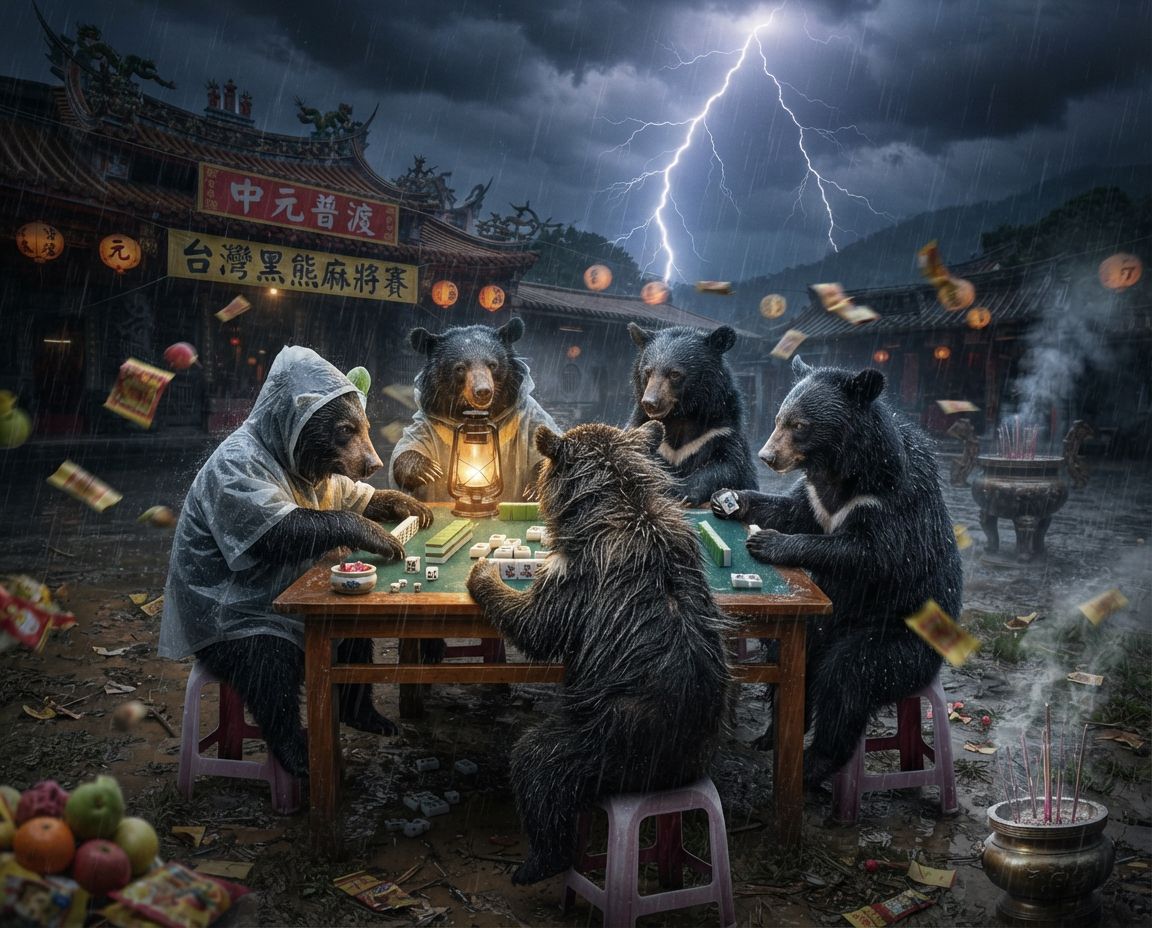 一邊拿香拜拜一邊自摸南風,閃電打雷下雨還在水中激戰,台灣黑熊風雨無阻中元普渡,好兄弟還沒來台灣黑熊先開局,台灣熊愛打麻將,台灣黑熊打麻將,碰牌胡牌大三元,台灣黑熊圍觀湊一桌,聽牌摸牌洗牌打麻將,閃電打雷下雨還在水中激戰,台灣黑熊神級防颱兼普渡無厘頭大作戰