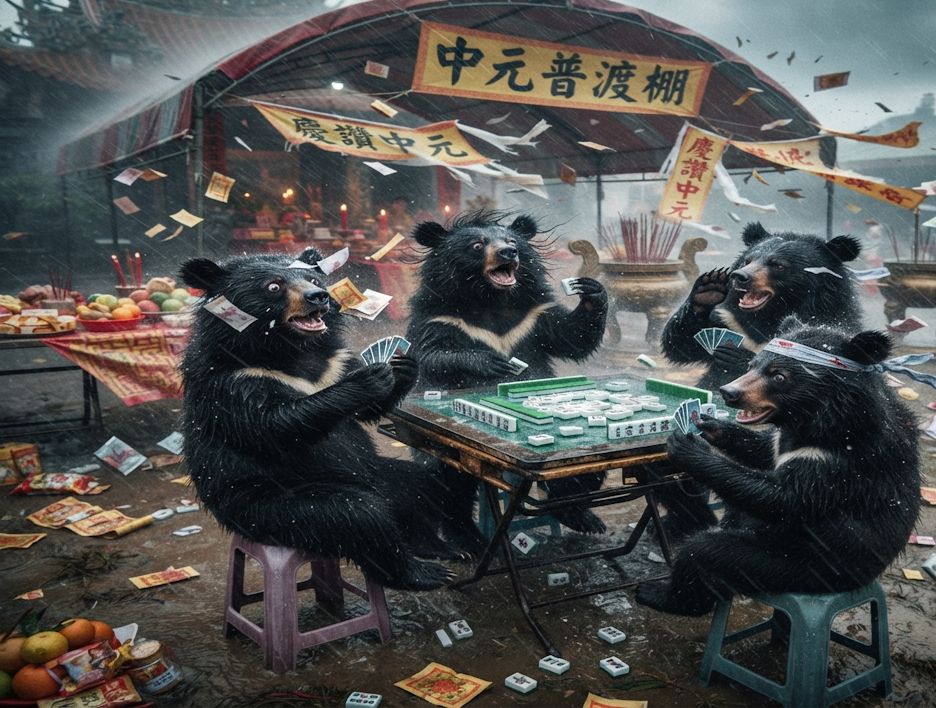 台灣黑熊中元普渡淹水大暴雨,一邊拿香拜拜一邊自摸南風,閃電打雷下雨還在水中激戰,台灣黑熊風雨無阻中元普渡,台灣黑熊中元普渡淹大水奇觀,好兄弟還沒來台灣黑熊先開局,台灣熊愛打麻將,台灣黑熊打麻將,碰牌胡牌大三元,台灣黑熊圍觀湊一桌,聽牌摸牌洗牌打麻將,閃電打雷下雨還在水中激戰,台灣黑熊神級防颱兼普渡無厘頭大作戰