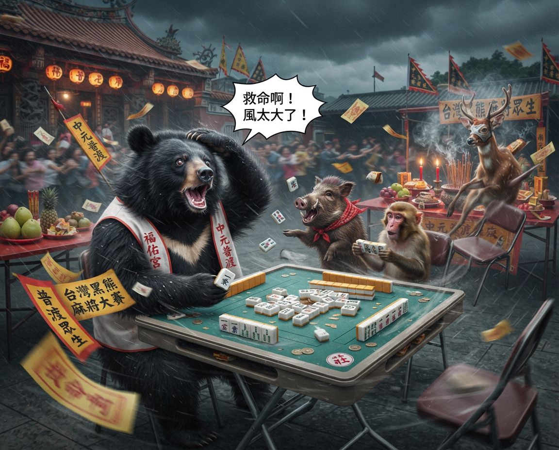 一邊拿香拜拜一邊自摸南風,台灣黑熊風雨無阻中元普渡,好兄弟還沒來台灣黑熊先開局,台灣熊愛打麻將,台灣黑熊打麻將,碰牌胡牌大三元,台灣黑熊圍觀湊一桌,聽牌摸牌洗牌打麻將,台灣黑熊普渡無厘頭大作戰