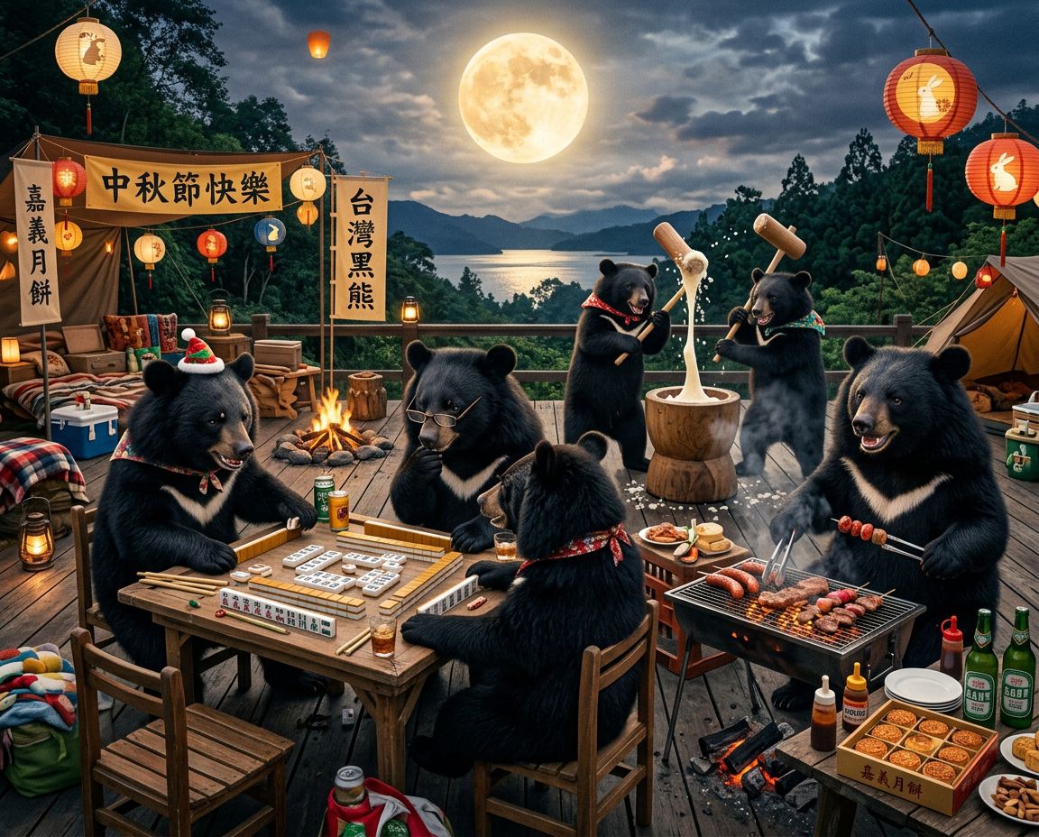 台灣黑熊中秋節聚會蛋黃酥吃到飽,中秋麻將大賽戰局自摸九條,自摸清一色震撼全山林,台灣熊愛打麻將,台灣黑熊打麻將,碰牌胡牌大三元,台灣黑熊圍觀湊一桌,聽牌摸牌洗牌打麻將,台灣黑熊中秋烤肉宴熊掌碰碰胡,台灣黑熊喝珍奶配麻糬,戴老花眼鏡認真打麻將
