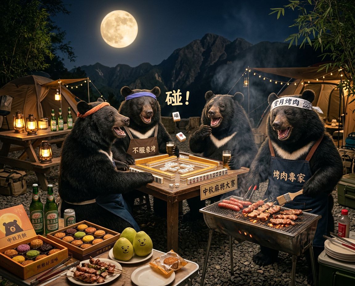 台灣黑熊中秋節聚會蛋黃酥吃到飽,麻將戰局自摸九條,自摸清一色震撼全山林,台灣熊愛打麻將,台灣黑熊打麻將,碰牌胡牌大三元,台灣黑熊圍觀湊一桌,聽牌摸牌洗牌打麻將,台灣黑熊中秋烤肉宴熊掌碰碰胡,台灣黑熊喝珍奶配麻糬中秋麻將大賽,戴老花眼鏡認真打麻將