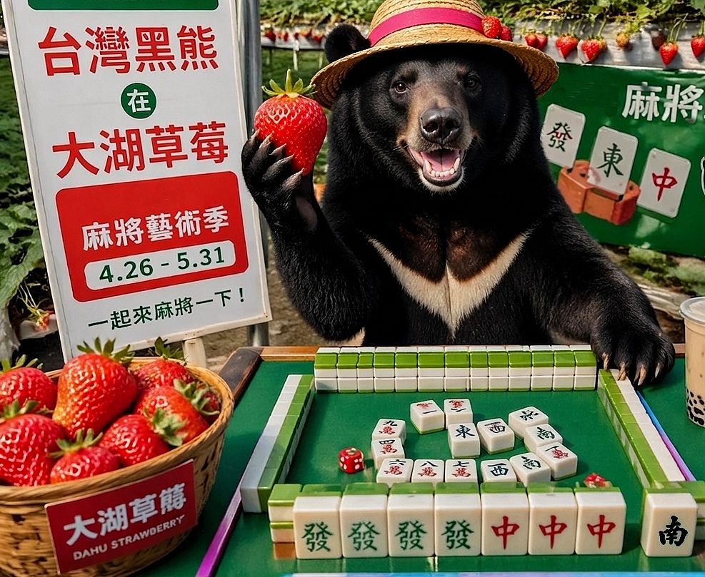台灣黑熊,台灣熊愛打麻將,台灣黑熊打麻將,熊掌摸牌,苗栗大湖草莓園打牌,大湖草莓麻將藝術季,大湖草莓碰碰胡,草莓親子農場連莊摘果賽,大湖酒莊麻將大賽