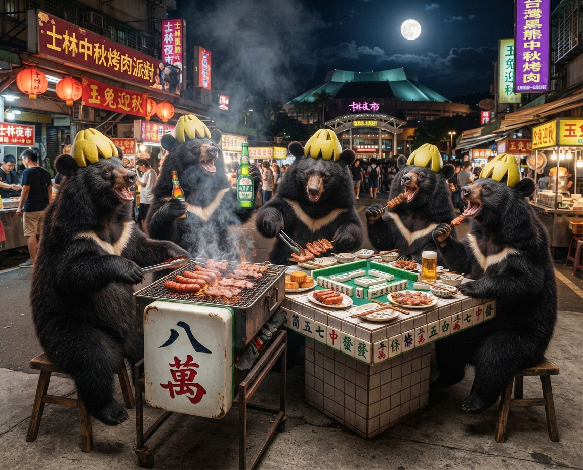 台灣黑熊深夜突襲士林夜市中秋烤肉派對,台灣黑熊中秋節聚會蛋黃酥吃到飽,麻將戰局自摸九條,台灣熊愛打麻將,台灣黑熊打麻將,碰牌胡牌大三元,中秋節的黑熊大亂鬥,聽牌摸牌洗牌打麻將,台灣黑熊中秋烤肉宴熊掌碰碰胡,邊烤肉邊大喊自摸,開桌摸八圈自摸碰碰胡