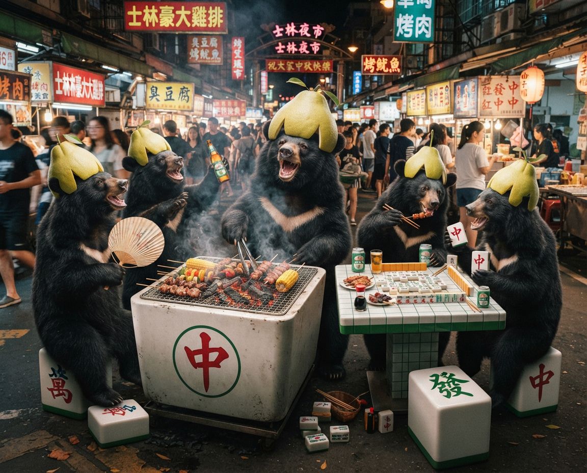 台灣黑熊深夜突襲士林夜市中秋烤肉派對,台灣黑熊中秋節聚會蛋黃酥吃到飽,麻將戰局自摸九條,台灣熊愛打麻將,台灣黑熊打麻將,碰牌胡牌大三元,中秋節的黑熊大亂鬥,聽牌摸牌洗牌打麻將,台灣黑熊中秋烤肉宴熊掌碰碰胡,邊烤肉邊大喊自摸,開桌摸八圈自摸碰碰胡