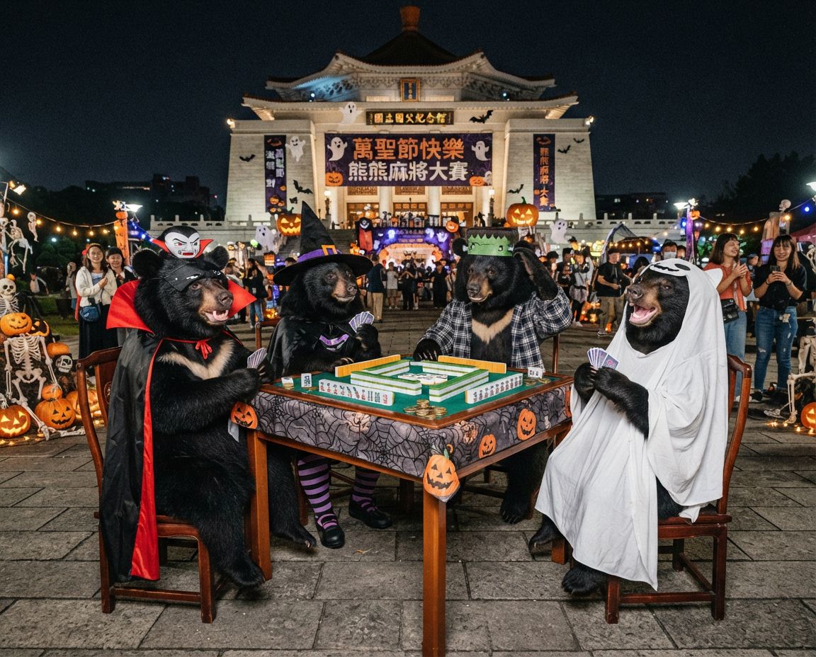 萬聖節不給糖就搗蛋改摸八萬,萬聖節不給糖就放砲摸兩圈,麻將戰局自摸九條,台灣熊愛打麻將,萬聖節不給糖就放砲摸兩圈,台灣黑熊打麻將,碰牌胡牌大三元,聽牌摸牌洗牌打麻將,南瓜黑熊狂撈海底撈月,國父紀念館廣場變身大型麻將館