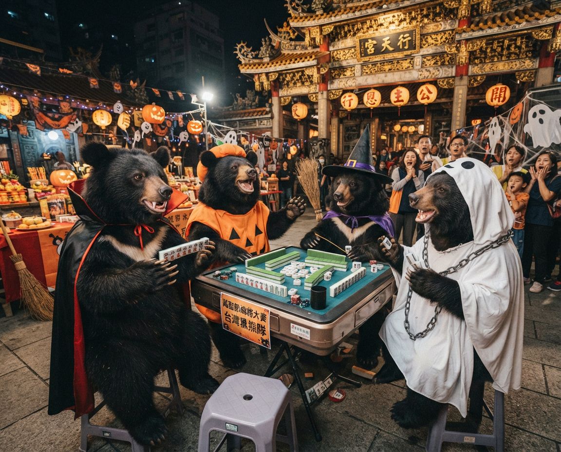 南瓜黑熊狂撈海底撈月,台灣黑熊深夜突襲行天宮,萬聖節不給糖就搗蛋改摸八萬,萬聖節不給糖就放砲摸兩圈,萬聖節不扮鬼改辦沉浸式麻將大賽,台灣熊愛打麻將,萬聖節不給糖就放砲摸兩圈,台灣黑熊打麻將,碰牌胡牌大三元,聽牌摸牌洗牌打麻將,行天宮香爐旁邊竟然在連莊胡牌