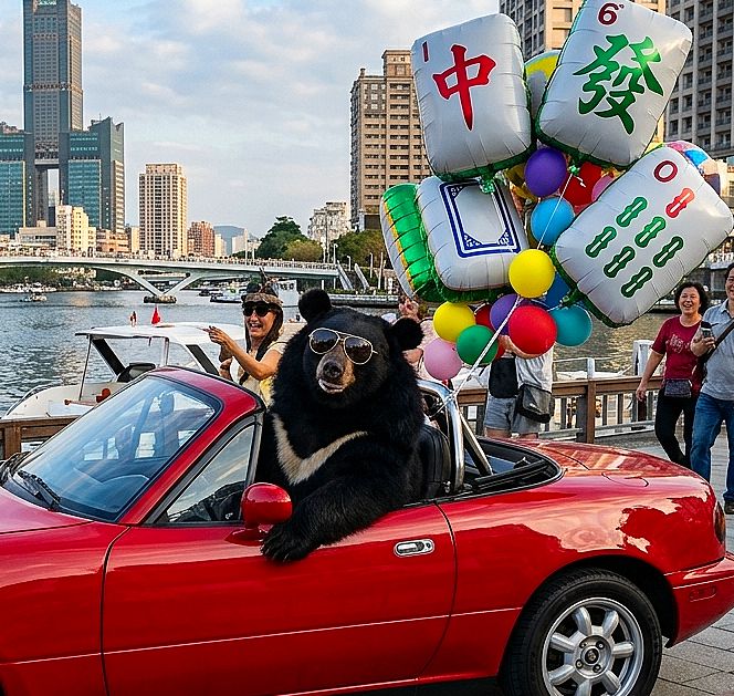 台灣黑熊,台灣熊愛打麻將,台灣黑熊打麻將,熊掌摸牌,愛河豪華遊艇麻將大賽,愛河灣神展開,高雄愛河碼頭賭神賽,高雄愛河灣大三元,高雄港賭神