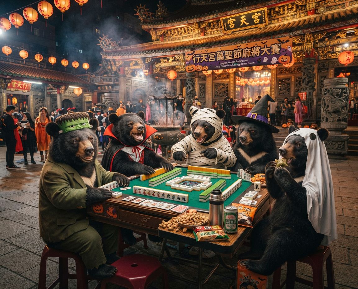 南瓜黑熊狂撈海底撈月,台灣黑熊深夜突襲行天宮,萬聖節不給糖就搗蛋改摸八萬,萬聖節不給糖就放砲摸兩圈,萬聖節不扮鬼改辦沉浸式麻將大賽,台灣熊愛打麻將,萬聖節不給糖就放砲摸兩圈,台灣黑熊打麻將,碰牌胡牌大三元,聽牌摸牌洗牌打麻將,行天宮香爐旁邊竟然在連莊胡牌