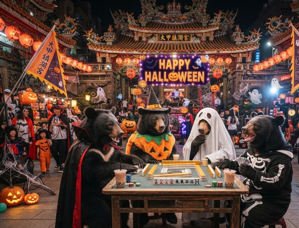 大甲媽祖觀戰黑熊三缺一,南瓜黑熊狂撈海底撈月,台灣黑熊深夜突襲大甲鎮瀾宮,萬聖節不給糖就搗蛋改摸八萬,萬聖節不給糖就放砲摸兩圈,萬聖節不扮鬼改辦沉浸式麻將大賽,台灣熊愛打麻將,台灣黑熊打麻將,大甲鎮瀾宮香爐旁邊竟然在連莊,碰牌胡牌大三元,聽牌摸牌洗牌打麻將