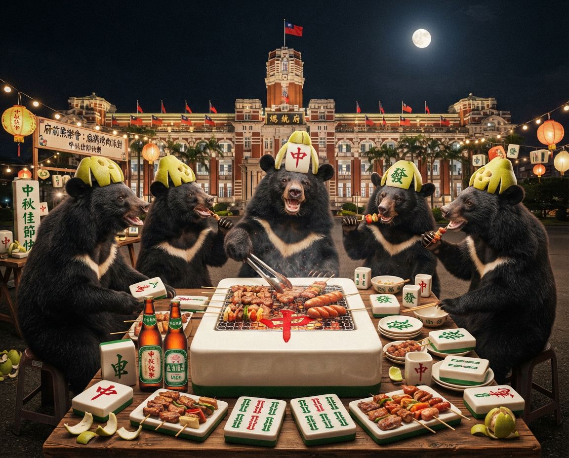 台灣黑熊深夜突襲總統府中秋烤肉派對,台灣黑熊中秋節聚會蛋黃酥吃到飽,麻將戰局自摸九條,台灣熊愛打麻將,台灣黑熊打麻將,碰牌胡牌大三元,中秋節的黑熊大亂鬥,聽牌摸牌洗牌打麻將,台灣黑熊中秋烤肉宴熊掌碰碰胡,邊烤肉邊大喊自摸,開桌摸八圈自摸碰碰胡