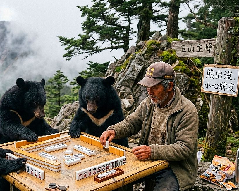 台灣黑熊,台灣熊愛打麻將,台灣黑熊打麻將,熊掌摸牌,國寶熊界雀聖,國寶打牌,玉山熊界傳奇,最高海拔電動麻將桌,玉山登山健行雀友會