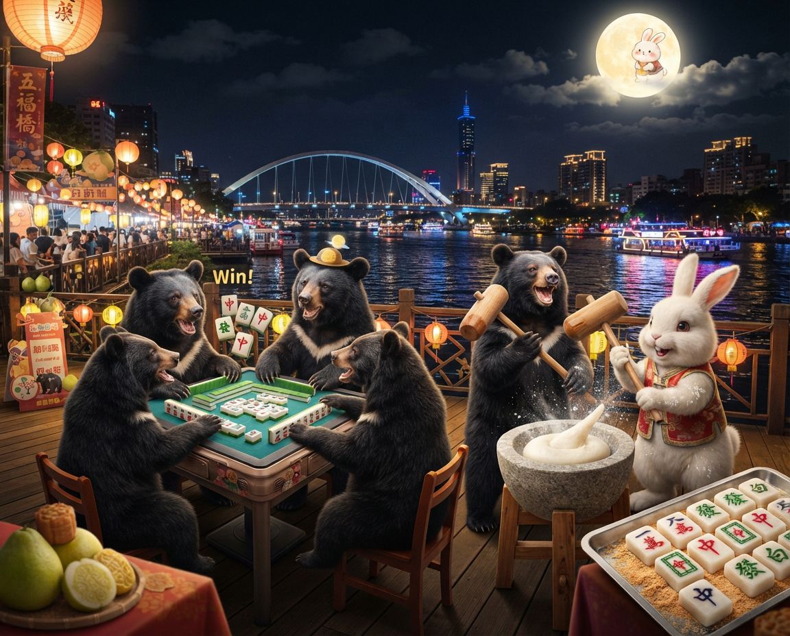 台灣黑熊霸氣麻將激戰東南西北風,麻將戰局自摸九條,戴老花眼鏡認真打麻將,台灣黑熊深夜偷襲高雄愛河,台灣熊愛打麻將,台灣黑熊打麻將,碰牌胡牌大三元,台灣黑熊圍觀湊一桌,聽牌摸牌洗牌打麻將,台灣黑熊中秋熊掌碰碰胡,高雄愛河開桌摸八圈