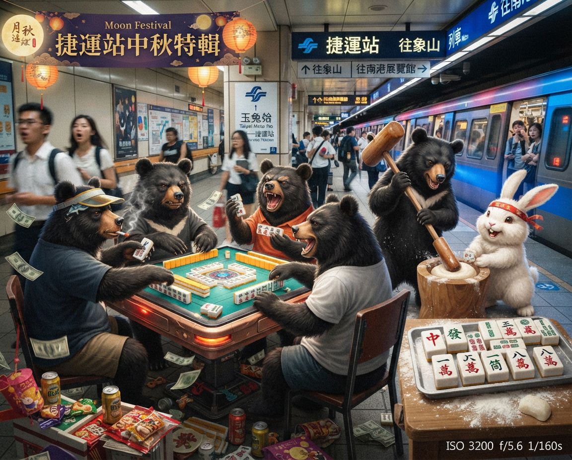 台灣黑熊霸氣麻將激戰東南西北風,麻將戰局自摸九條,戴老花眼鏡認真打麻將,台灣黑熊深夜偷襲捷運站,台灣熊愛打麻將,台灣黑熊打麻將,碰牌胡牌大三元,台灣黑熊圍觀湊一桌,聽牌摸牌洗牌打麻將,台灣黑熊中秋熊掌碰碰胡