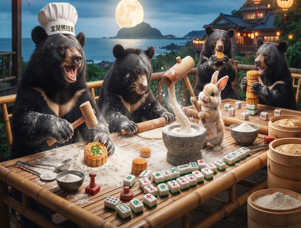 台灣黑熊麻將激戰自摸發財,麻將戰局自摸九條,戴老花眼鏡認真打麻將,台灣熊愛打麻將,台灣黑熊打麻將,碰牌胡牌大三元,台灣黑熊圍觀湊一桌,聽牌摸牌洗牌打麻將,台灣黑熊中秋熊掌碰碰胡