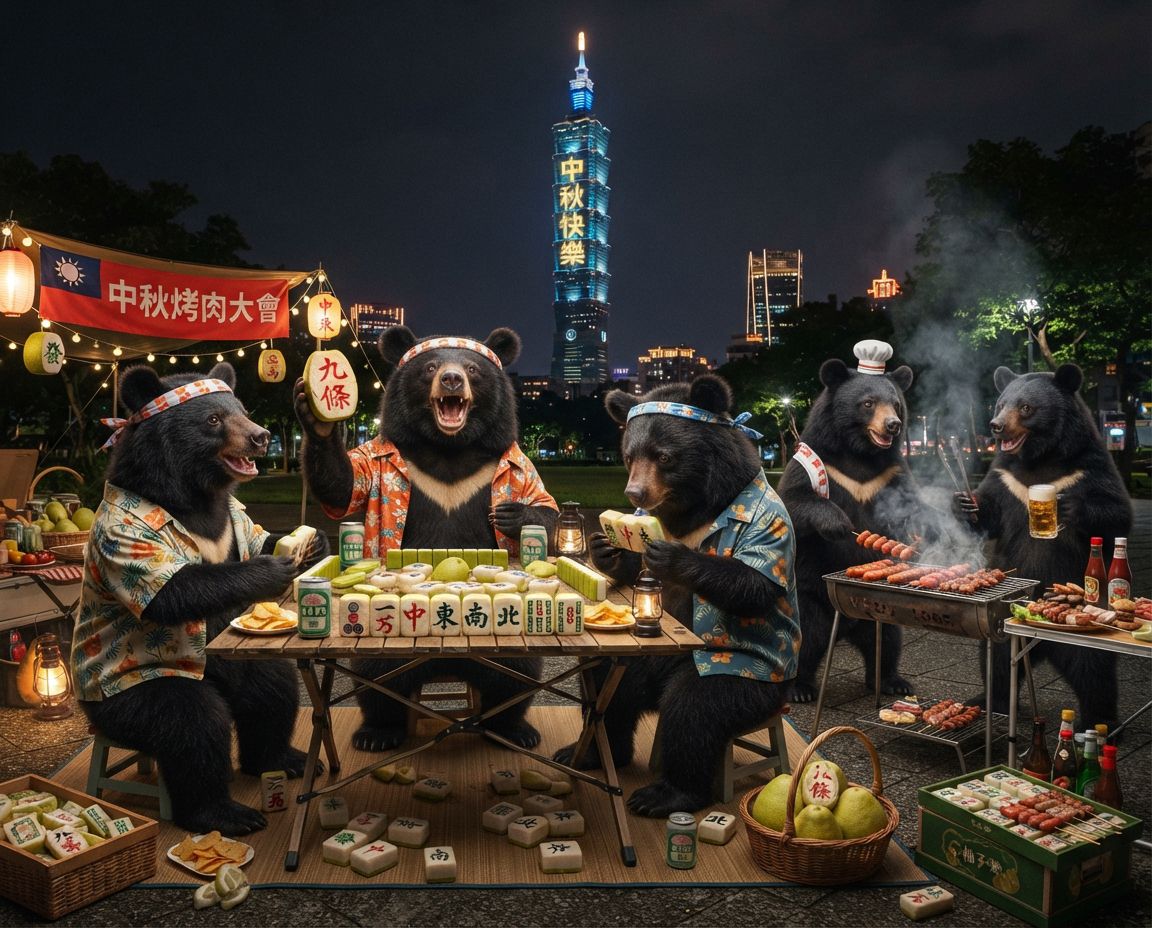 台灣黑熊麻將激戰自摸發財,麻將戰局自摸九條,戴老花眼鏡認真打麻將,台灣熊愛打麻將,台灣黑熊打麻將,碰牌胡牌大三元,台灣黑熊圍觀湊一桌,聽牌摸牌洗牌打麻將,台灣黑熊中秋熊掌碰碰胡