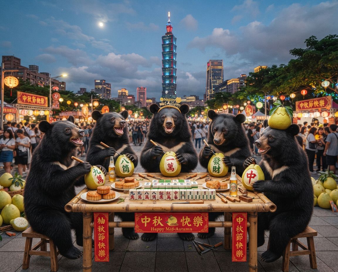 台北101熊界傳奇,台灣黑熊群揪101聚會,台灣黑熊麻將激戰自摸發財,麻將戰局自摸九條,戴老花眼鏡認真打麻將,台灣熊愛打麻將,台灣黑熊打麻將,碰牌胡牌大三元,台灣黑熊圍觀湊一桌,聽牌摸牌洗牌打麻將,台灣黑熊中秋熊掌碰碰胡