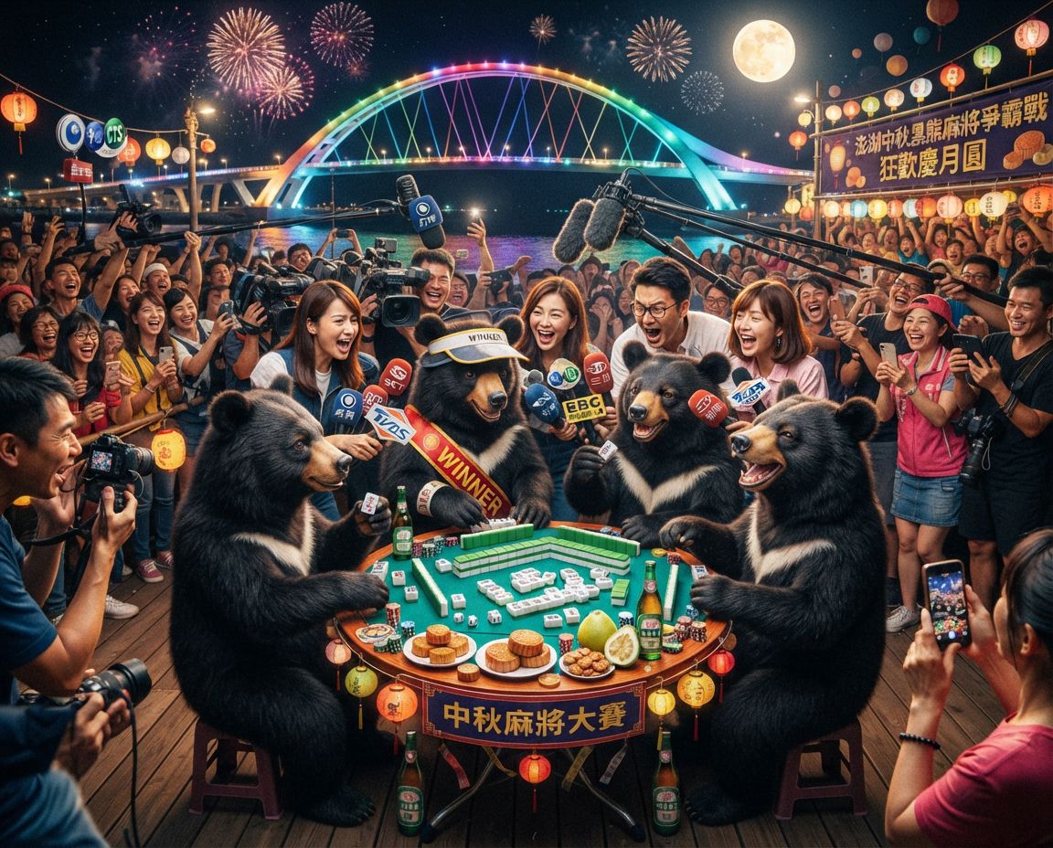 台灣黑熊群揪澎湖彩虹橋聚會,台灣黑熊麻將激戰自摸發財,麻將戰局自摸九條,戴老花眼鏡認真打麻將,台灣熊愛打麻將,台灣黑熊打麻將,碰牌胡牌大三元,台灣黑熊圍觀湊一桌,聽牌摸牌洗牌打麻將,台灣黑熊中秋熊掌碰碰胡