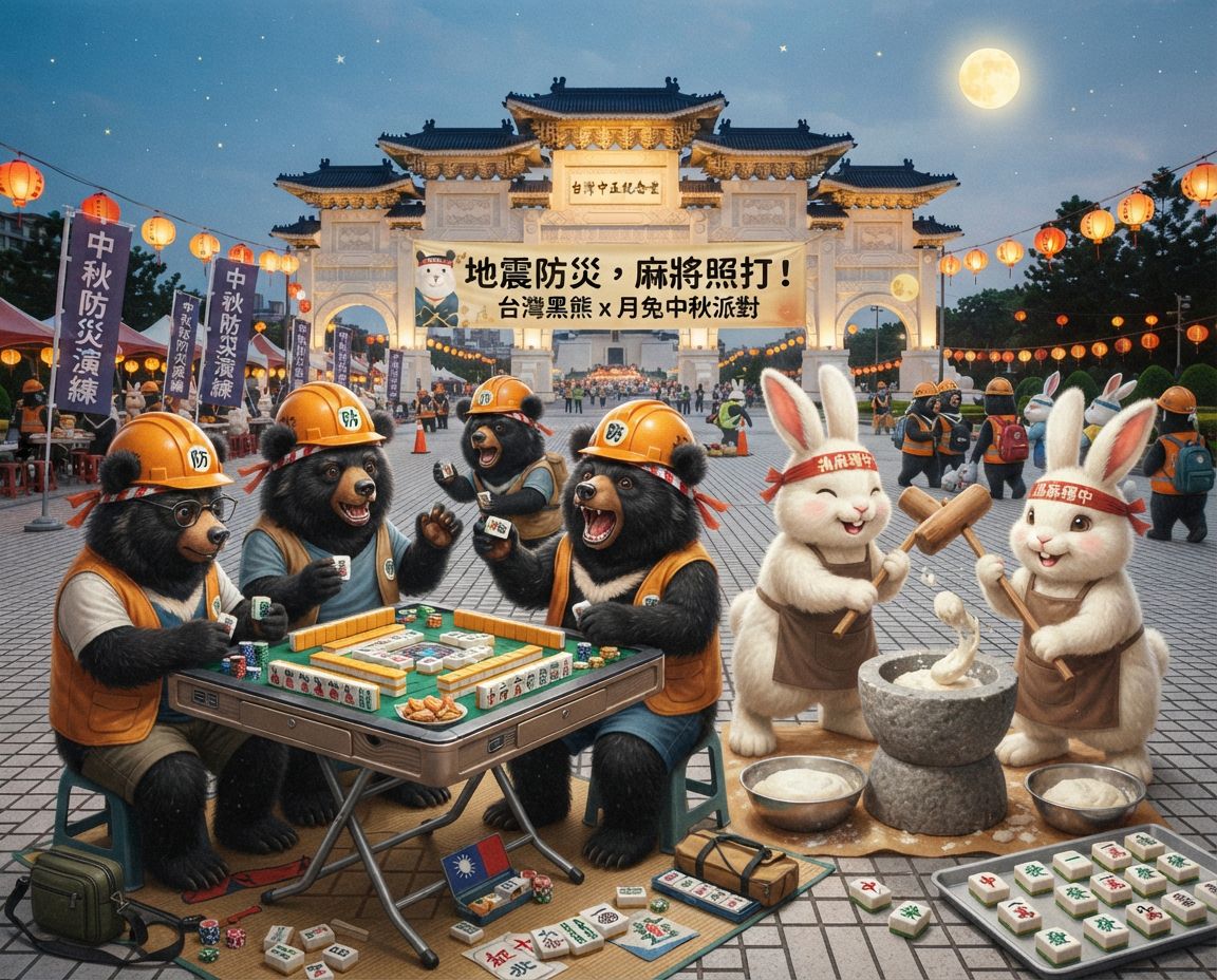中正紀念堂地震防災演練打麻將,台灣黑熊麻將激戰自摸發財,麻將戰局自摸九條,台灣黑熊緊急避難演練,台灣熊愛打麻將,台灣黑熊打麻將,碰牌胡牌大三元,中秋節前夕深夜大亂鬥,聽牌摸牌洗牌打麻將,台灣黑熊中秋熊掌碰碰胡