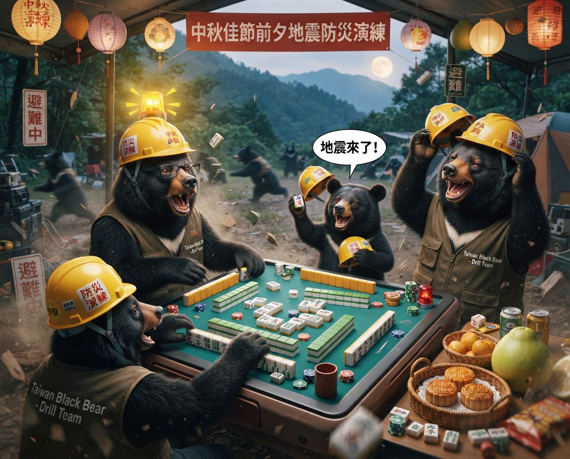 中秋節前夕台灣黑熊地震防災演練打麻將,台灣黑熊麻將激戰自摸發財,麻將戰局自摸九條,台灣黑熊緊急避難演練,台灣熊愛打麻將,台灣黑熊打麻將,碰牌胡牌大三元,中秋節前夕深夜大亂鬥,聽牌摸牌洗牌打麻將,台灣黑熊中秋熊掌碰碰胡