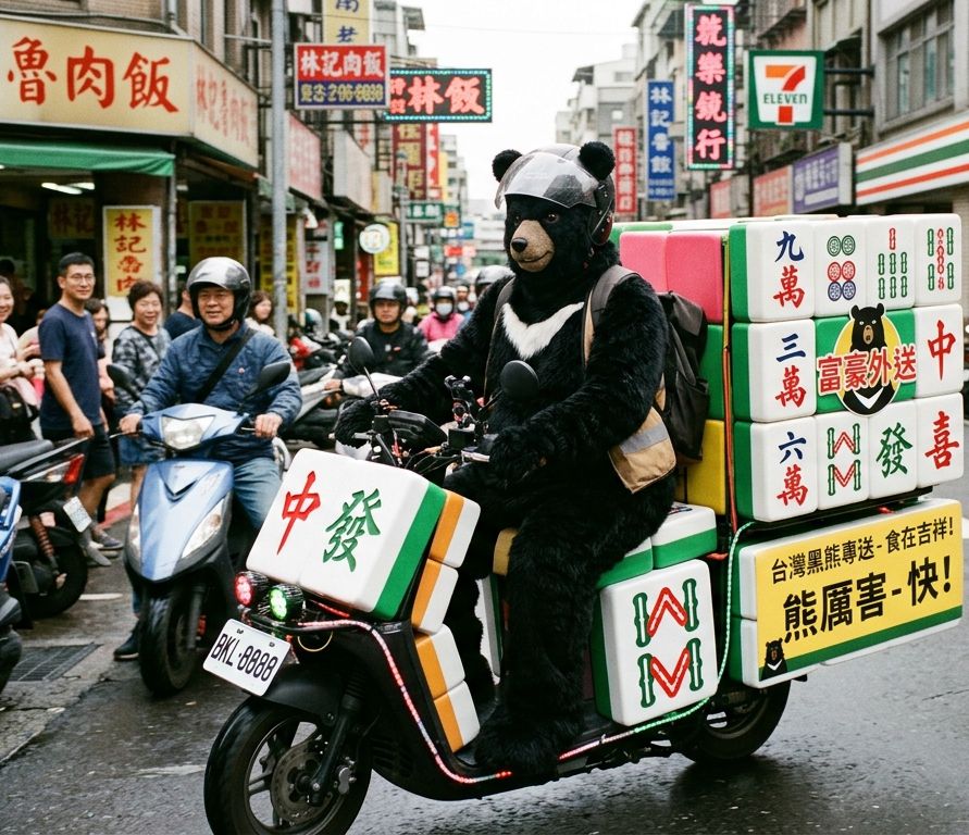 台灣黑熊,台灣熊愛打麻將,台灣黑熊打麻將,熊掌摸牌,黑熊麻將外送車,黑熊外送員揪打牌,熊界傳奇,黑熊外送員,麻將機車