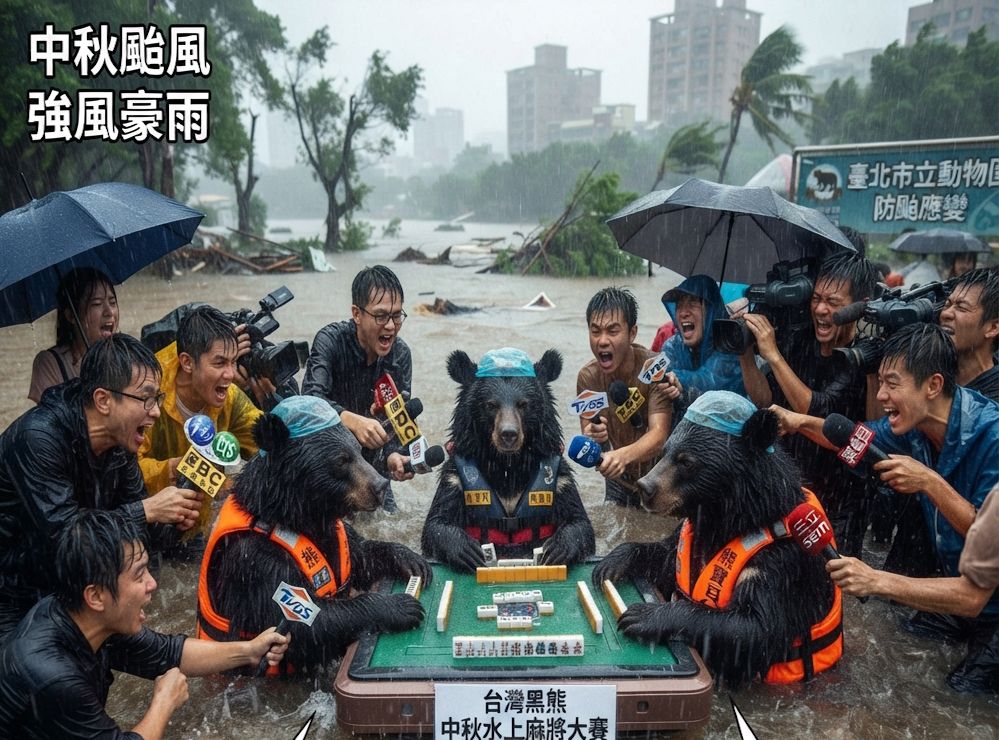 黑熊無視颱風天堅持摸牌湊一桌,一邊吃柚子一邊自摸南風,台灣黑熊風雨無阻打麻將,台灣黑熊中秋淹大水奇觀,台灣熊愛打麻將,台灣黑熊打麻將,碰牌胡牌大三元,台灣黑熊圍觀湊一桌,聽牌摸牌洗牌打麻將,漂浮麻將桌,台灣黑熊神級防颱大作戰