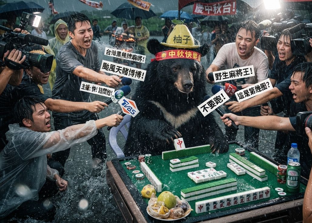 黑熊無視颱風天堅持摸牌湊一桌,一邊吃柚子一邊自摸南風,台灣黑熊風雨無阻打麻將,台灣黑熊中秋淹大水奇觀,台灣熊愛打麻將,台灣黑熊打麻將,碰牌胡牌大三元,台灣黑熊圍觀湊一桌,聽牌摸牌洗牌打麻將,漂浮麻將桌,台灣黑熊神級防颱大作戰