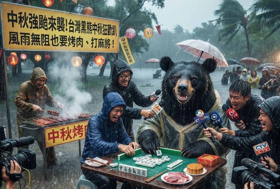 黑熊無視颱風天堅持摸牌湊一桌,一邊吃柚子一邊自摸南風,台灣黑熊風雨無阻打麻將,台灣黑熊中秋淹大水奇觀,台灣熊愛打麻將,台灣黑熊打麻將,碰牌胡牌大三元,台灣黑熊圍觀湊一桌,聽牌摸牌洗牌打麻將,漂浮麻將桌,台灣黑熊神級防颱大作戰