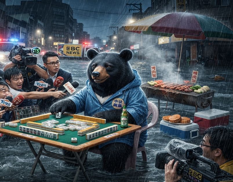 黑熊無視颱風天堅持摸牌湊一桌,一邊吃柚子一邊自摸南風,台灣黑熊風雨無阻打麻將,台灣黑熊中秋淹大水奇觀,台灣熊愛打麻將,台灣黑熊打麻將,碰牌胡牌大三元,台灣黑熊圍觀湊一桌,聽牌摸牌洗牌打麻將,漂浮麻將桌,台灣黑熊神級防颱大作戰