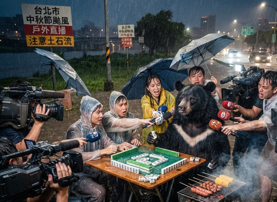 黑熊無視颱風天堅持摸牌湊一桌,一邊吃柚子一邊自摸南風,台灣黑熊風雨無阻打麻將,台灣黑熊中秋淹大水奇觀,台灣熊愛打麻將,台灣黑熊打麻將,碰牌胡牌大三元,台灣黑熊圍觀湊一桌,聽牌摸牌洗牌打麻將,漂浮麻將桌,台灣黑熊神級防颱大作戰