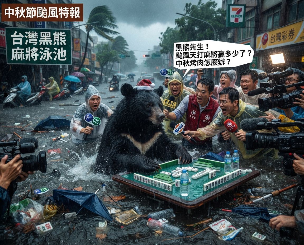 黑熊無視颱風天堅持摸牌湊一桌,一邊吃柚子一邊自摸南風,台灣黑熊風雨無阻打麻將,台灣黑熊中秋淹大水奇觀,台灣熊愛打麻將,台灣黑熊打麻將,碰牌胡牌大三元,台灣黑熊圍觀湊一桌,聽牌摸牌洗牌打麻將,漂浮麻將桌,台灣黑熊神級防颱大作戰