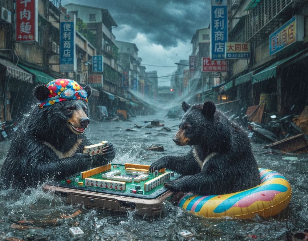黑熊無視颱風天堅持摸牌湊一桌,一邊吃柚子一邊自摸南風,台灣黑熊風雨無阻打麻將,台灣黑熊中秋淹大水奇觀,台灣熊愛打麻將,台灣黑熊打麻將,碰牌胡牌大三元,台灣黑熊圍觀湊一桌,聽牌摸牌洗牌打麻將,漂浮麻將桌,台灣黑熊神級防颱大作戰
